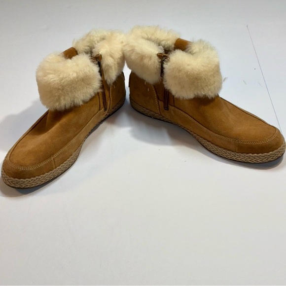 UGG Elowen Moccasin Booties Zip Ankle Boots Chestnut Suede Fur Trim 12 Worn Once - Picture 10 of 11